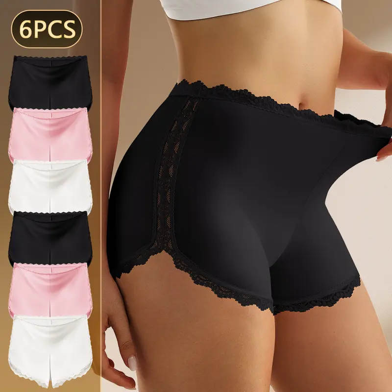 QUASTI Women’s 6pcs High-Waisted Seamless Lace Boxer Briefs Panties - Soft, Elegant, Sexy, Milk Silk, Smooth, Breathable, Tummy Control, Hip Lifting, S-XXL for Versatile Outfits