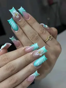 milo.nail&care Coastal Breeze Press-On Nails, Aqua Sculpted French Tips, 3D Petal Bloom Detail, Tiffany Blue Handmade Beach Resort Nail Set, Tropical Summer Escape Inspired
