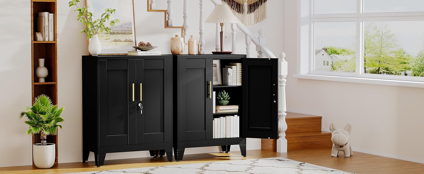 36" Tall Metal Storage Cabinet with Lock – 2 Doors & 2 Adjustable Shelves – Black Freestanding Unit for Home, Office or Garage Dresser Charging Lighted LED