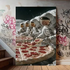 Framed Astronauts Eating Pizza On Moon Canvas Art - Fun Space Food Scene - Wall Decor.Multi Holiday Party Decorations For Living Room Bedroom And More Wall Decor For Halloween Easter Thanksgiving Christmas