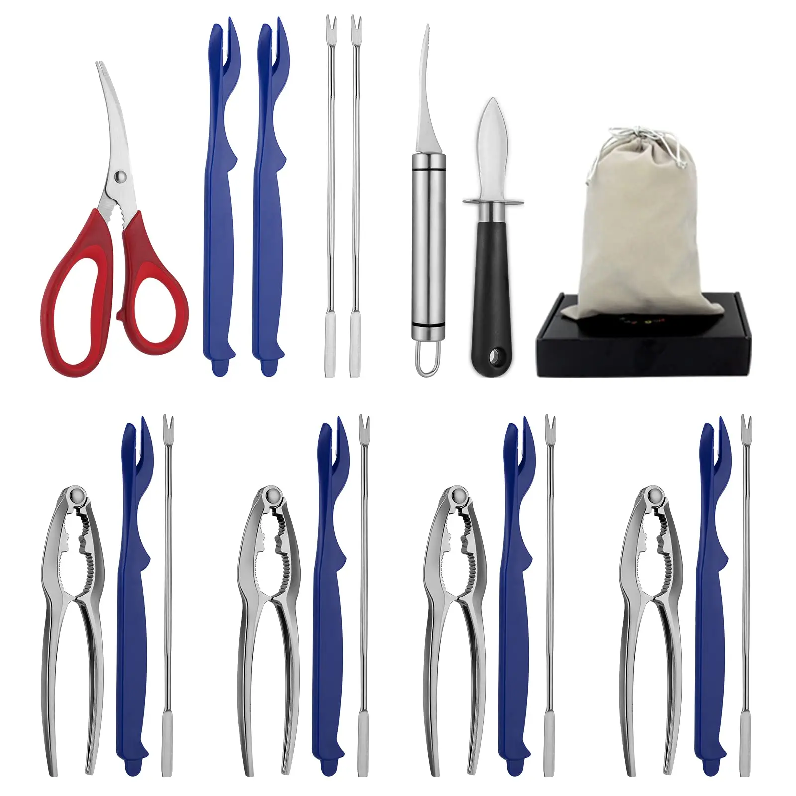 20-Pcs Sturdy Heavy Duty Zinc Alloy Stainless Steel Kitchen Seafood Utensil Set - Crab Claw Cracker, Lobster Pliers, Forks, Oyster Knife, Shrimp Cleaner, Scissors, Carry Pouch, Protective Device - Restaurant Cooking Kitchen Gadgets for Party Crawfish Boil
