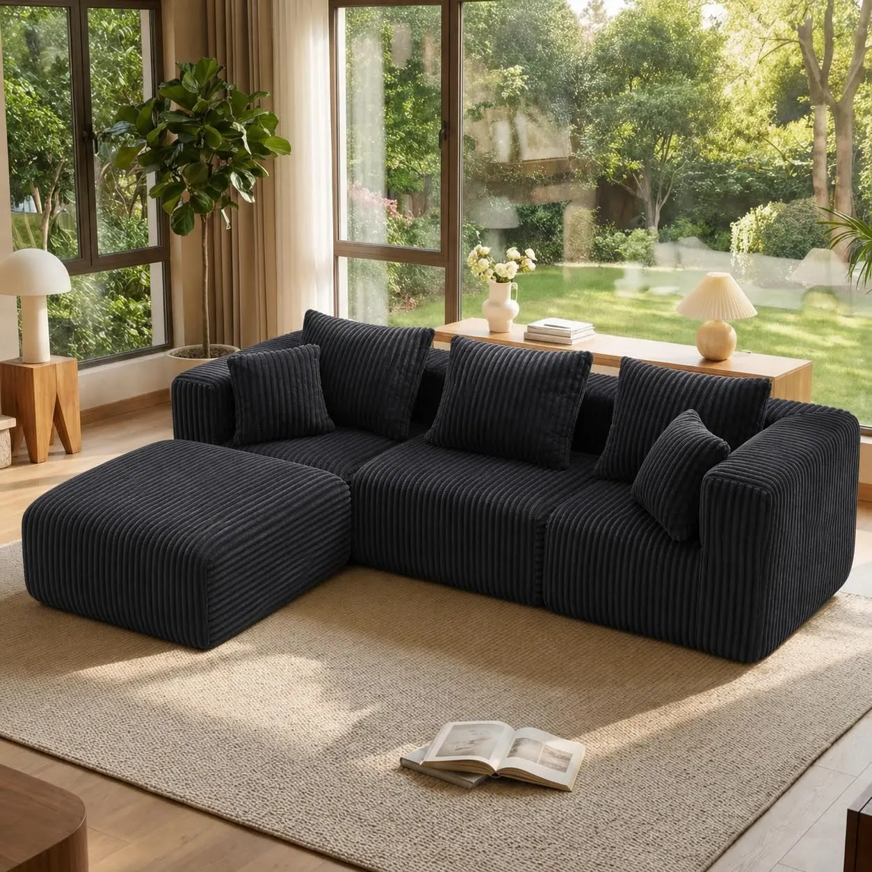 Minimalist Deep Seat L Shaped Couch, Modular Boneless Sectional Sofa with Ottoman, Modern Cloud Sectional Couch, No Assembly Living Room Sofa for Apartment, Bedroom & Living Room, 3 Seat + 1 Ottoman