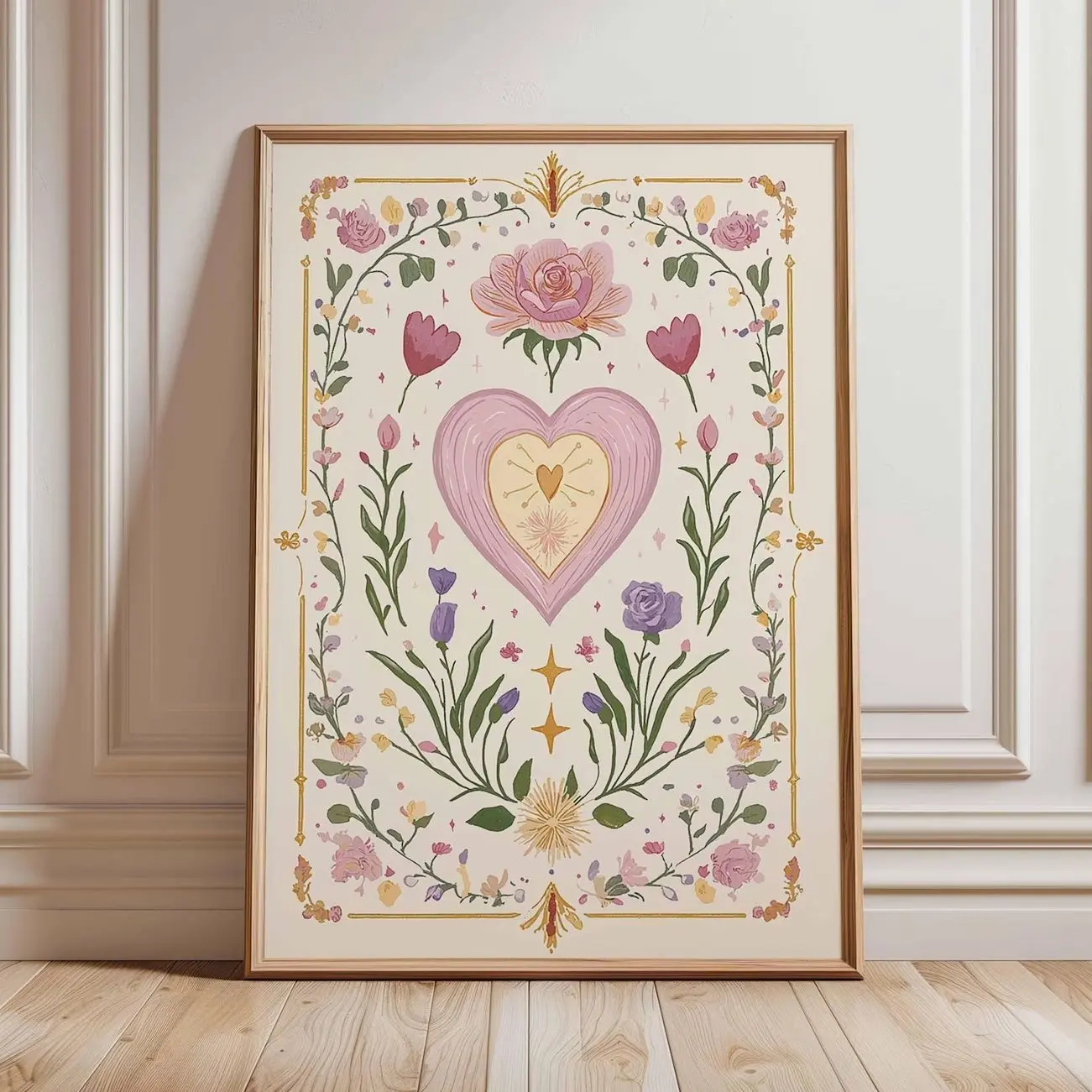 Floral Heart Wall Art Print, Romantic Botanical Poster, Pink Gold Flower Decor E