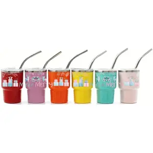 Set of 6 Holiday Mini Tumblers – 3oz Stainless Steel Cups with Lids & Straws – Festive Drinkware for Cocoa, Shots & More (Mini and Merry)