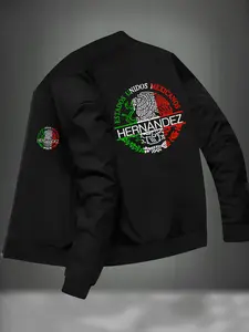 Men's Mexican Theme Pilot Jacket, Mexican Flag Eagle Print, Zipper Baseball Collar, Polyester/elastic Blend, Casual Winter Style