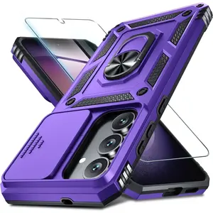 Compatible with Samsung Galaxy S25 FE Case Built in Slide Camera Lens Cover+Screen Protector+Finger Ring Holder Kickstand,Heavy Duty Shockproof Full Body Phone Cover,2025 Purple Smartphone Cellphone Protection Casing