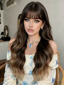 30 inch Brown Ombre Women' Natural-Looking Long  Wave Synthetic Wig with Bangs - Heat Resistant Fiber Hairpiece Suitable for Parties, Weddings, Cosplay | Bouncy Curly Wig with Blunt Bangs for Daily Use, Blends Seamlessly for Hairstyle Enhancement