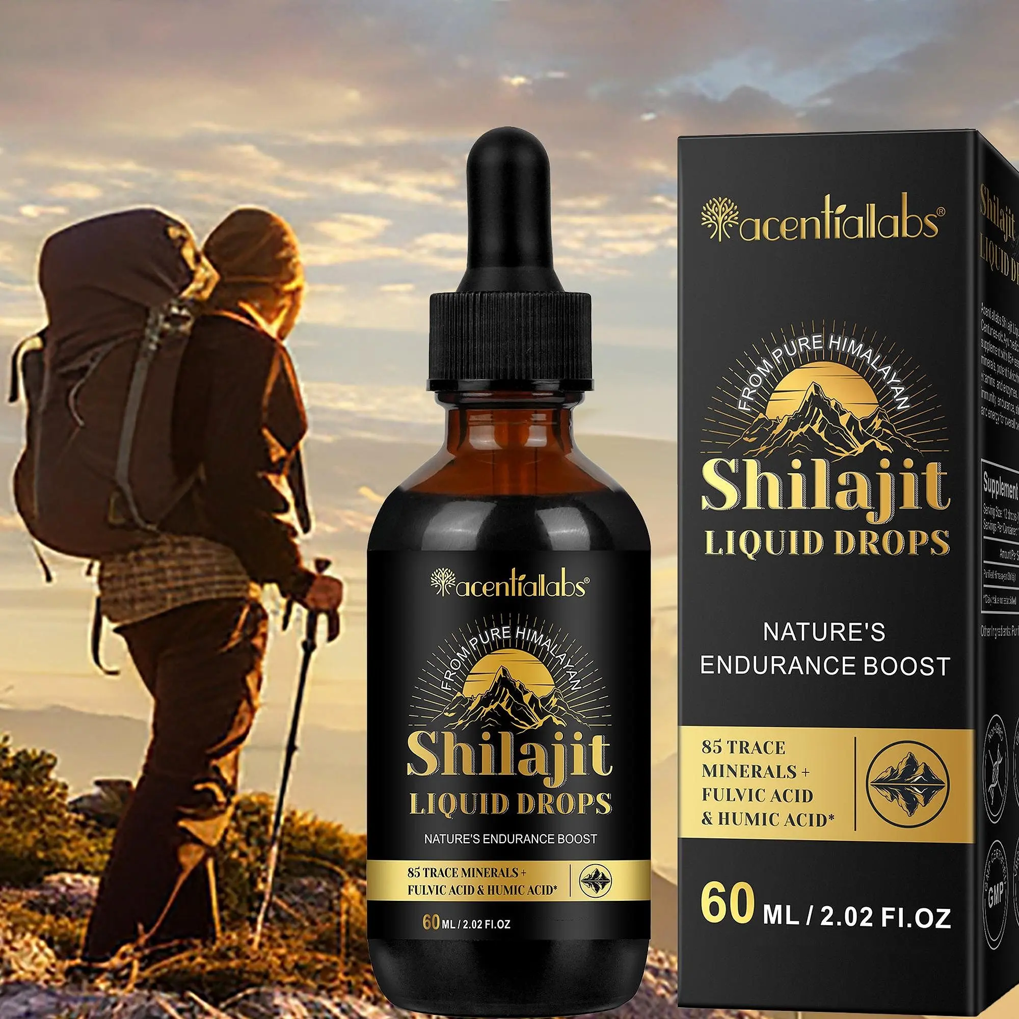 1 Count, Acentiallabs Shilajit Drops 60ml, Rich in 85 Trace Minerals + Lignic & Humic Acids, Delivers a Unique Experience to Boost Overall Health Energy, Fitness Endurance Supplement