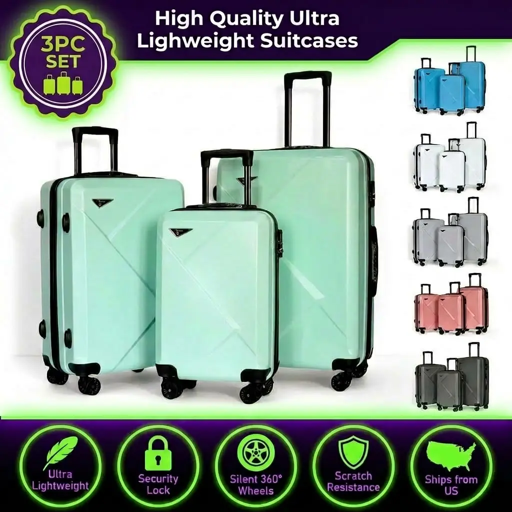 High Quality Ultra Lightweight Suitcase Luggage 3pcs Set with Spinner Wheels, Large-Capacity ABS Hard Shell Travel Luggage, White, Methol Green, Mint, Skyblue, Black, Gray, Rose Golden Fashionable 20 Inch/ 24 Inch/ 28 Inch Suitcases