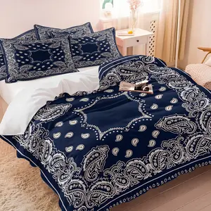 Vintage American West Coast Blue Coconut Flower Print Duvet Cover Set, Soft Comfortable Skin-Friendly Fabric, Modern Aesthetic Bedroom Decor, Student Dorm Bedding, Ideal for Trendy Youth, Western Bedding Set, Pattern Bedding Set