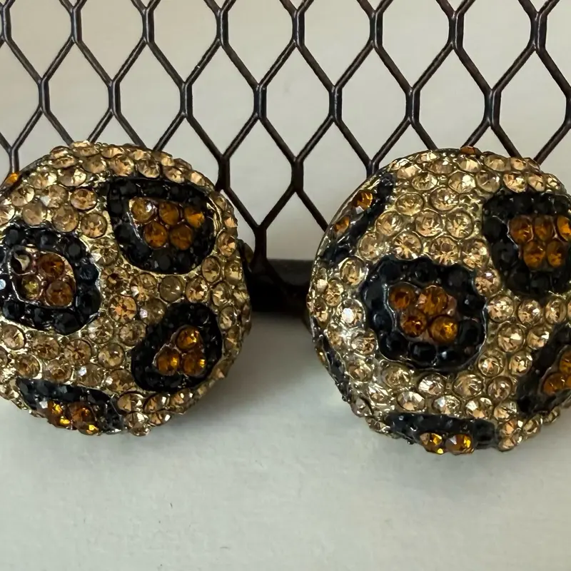 Vintage Dome Shaped Swarovski Crystal Leopard Spot Gold Tone Clip On Earrings