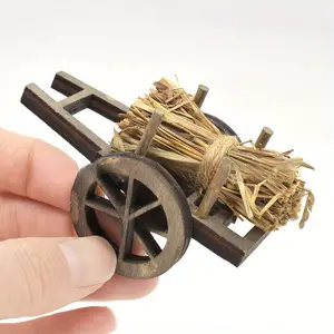 Rustic Garden Decor Wooden Cart and Hay Bale Recycled Wood Miniature for Toy House Landscape Photography, Perfect Handcraft Gift, Rustic Design