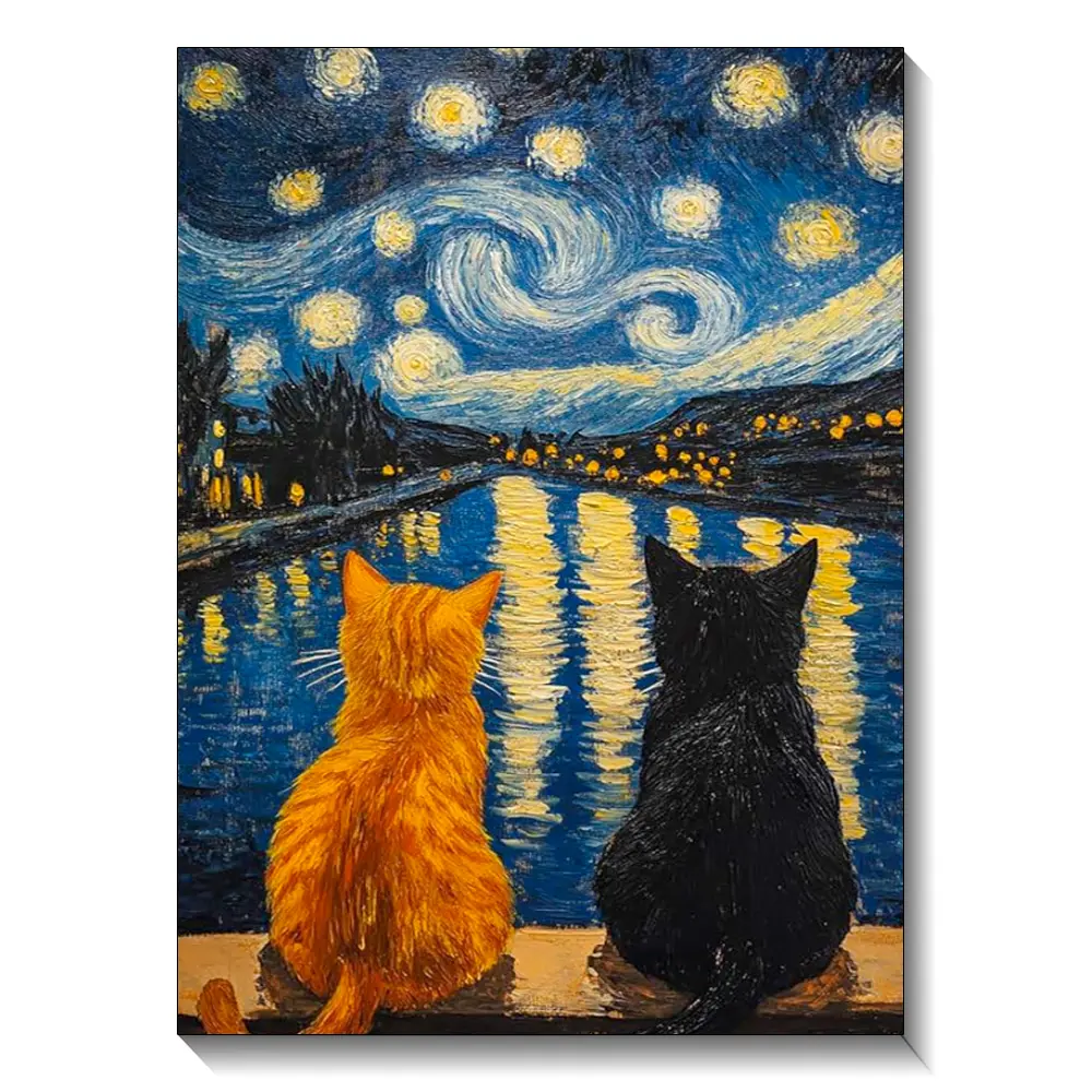 DIY Diamond Painting Kit - Retro Van Gogh Starry Night Over The Rhone Couple Cats Full Rhinestone Canvas Wall Art, DIY Craft Supplies for Adults, Children, Family Craft Time, Perfect Gift for Living Room Bedroom Home Decoration