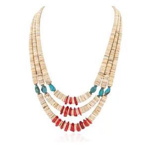 3 Strand Certified Authentic Navajo .925 Sterling Silver Natural Turquoise Coral Graduated Melon Shell Native American Necklace 15846-0