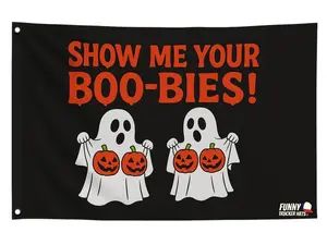 Show Me Your Boo-Bies Funny Halloween Flag – Funny 3x5ft Spooky Party Decoration, Wall Hanging & Outdoor Banner Funny Ghost Skeleton Decor