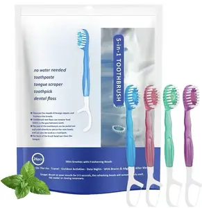 5-in-1 Toothbrush, Portable Oral Care Kit, 26-piece disposable toothbrush set with toothpaste, dental floss, tongue scraper, and toothpick, soft bristles, individually packaged for business travel