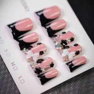Y2K Style Bow Short Duckbill Nails, Handmade French Nail Art Press-On Nails with Edges, Floral Decorations, Sparkly Rhinestone, Ideal for Summer & Fall