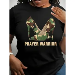 Women's Black Cotton T-Shirt with "Prayer Warrior" Camo High Heels Graphic - Stretch Knit Crew Neck Short Sleeve, All-Season Comfort Fit Casual Tee, Machine Washable, Comfortable Clothing | Bold Graphic Design | Stretchable Fabric, Ladies T Shirts