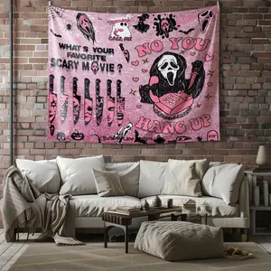 Horror-Themed Pink Glittery Wall Tapestry, Scream Ghostface Character Digital Print Wall Hanging, Decoration Items, Ideal for Bedroom Decor, Gothic Aesthetic Tapestry for Scary Movie Lovers, Perfect Halloween Home Decor, Art for Living Room & Study