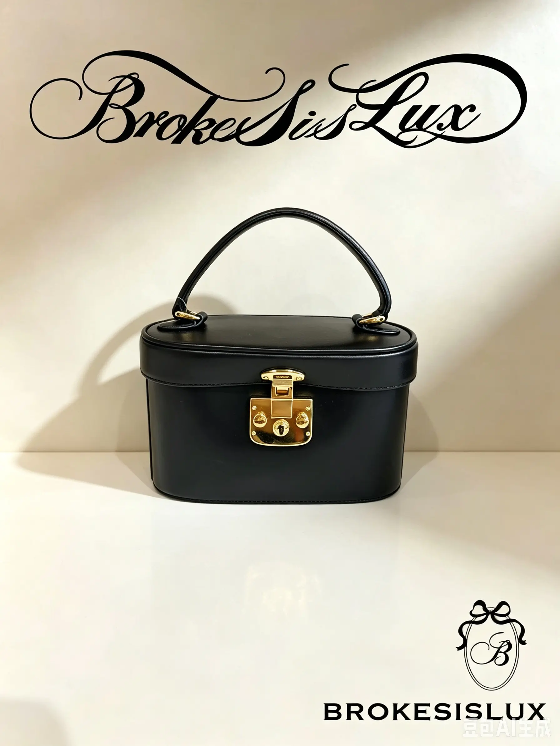 Pre-owned GUCCI Structured Black Calfskin Vintage Vanity Makeup Case, Gold Turn Lock Clasp, Single Short Top Handle