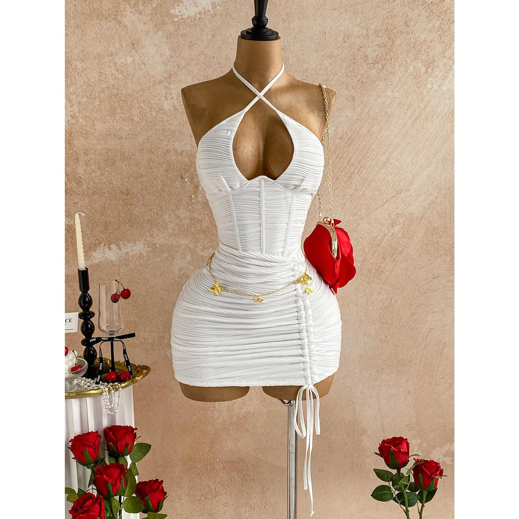 Women's Knitted Textured Hollow Out Drawstring Backless Party Mini Dress, Suitable For Thanksgiving, New Year Party, Date, Valentine's Day, Easter, Carnival, Afternoon Tea, Beach, Cruise, City Vacation
