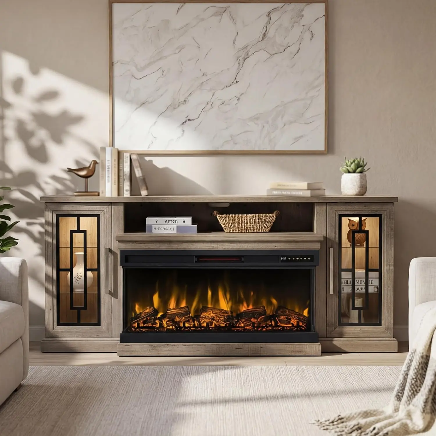 75 Inch Electric Fireplace TV Stand, 3- Side Glass LED Modern Media Entertainment Center Console Table for TVs up to 80/85 Inch w/Adjustable Flame, 40’’ Fireplace, Highboy, Gray Wash