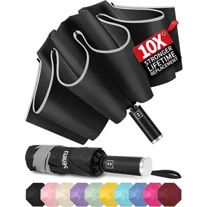 Inverted Travel Umbrella Compact - Windproof Umbrellas for Rain with Reflective Strip, Large UV Umbrella for Sun Protection, Automatic Portable Umbrellas Fold in Reverse for , Backpack
