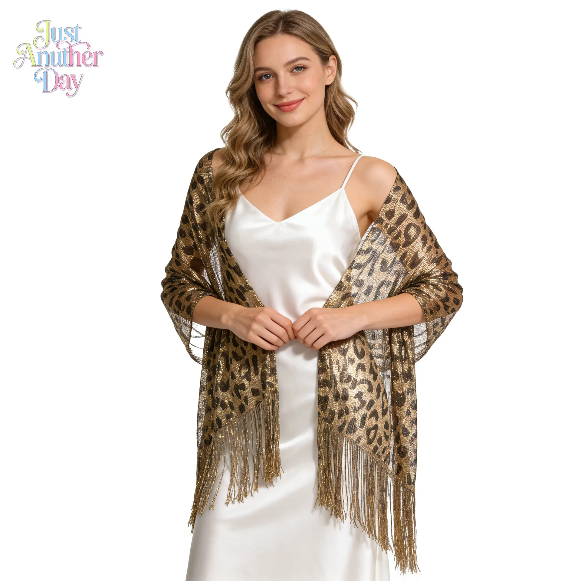 Leopard Print Metallic Shawl with Tassels, Gold & Silver Evening Wrap for Women, Sparkly Scarf for Bridesmaid, Prom, Party, Formal Dresses, Elegant Accessory