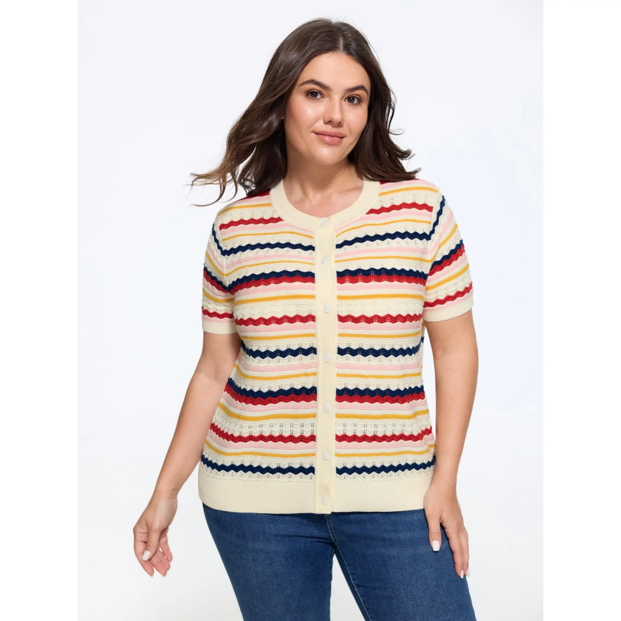 BLOOMCHIC Plus Size Rainbow Wavy Stripe Cut Out Front Button Cardigan[M-6X] 2026 Summerfinds,clothes for back to school,first day of school outfits