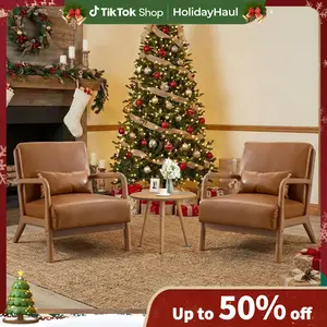 [HolidayHaul]Ebello Wide Modern Design Leather Upholstered Accent Armchair with Solid Legs， Solid wood Accent Chair for Living Room Accent Chairs Leather-Orange Espresso Finish Faux Leather