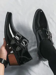 Men's Fashionable Plain Color PU Leather Dress Shoes, Casual Comfortable Trendy Pointed Toe High Heel Shoes for Formal and Casual Occasions, Footwear