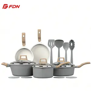 FDN 16pc Nonstick Ceramic Cookware Set, Induction Compatible Pots and Pans Set with Lids, PFAS-Free Healthy Kitchen Essentials for New Home, Includes Pasta Server & Silicone Tools, Easy Clean