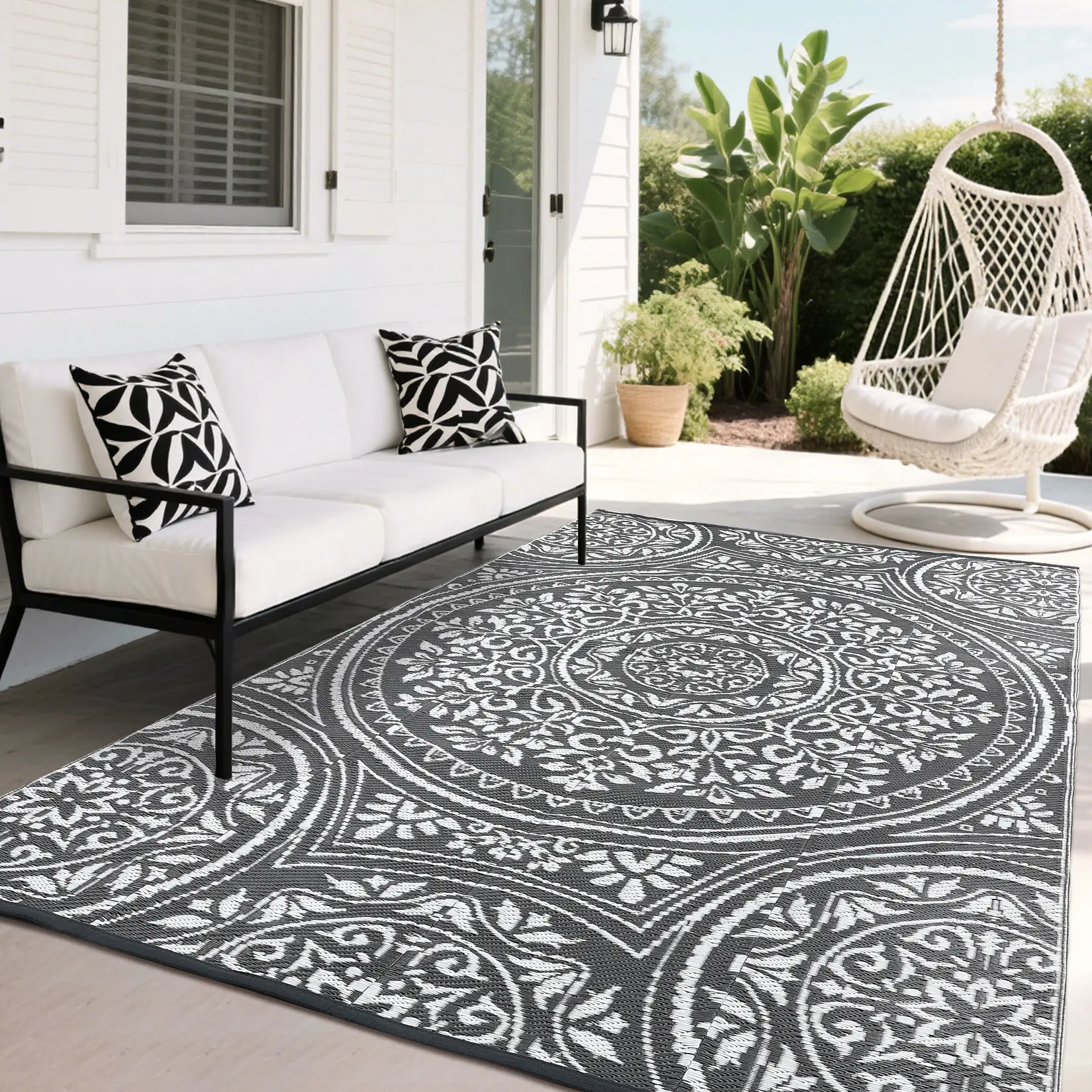 Large Reversible Waterproof Plastic Grass Rug - Foldable Outdoor, Lightweight, Reversible Camping Option, Double-Sided Floral Print, UV-Resistant, Easy-to-Clean for Gardens, Patios, Foldable Outdoor Rug, Lightweight Rug