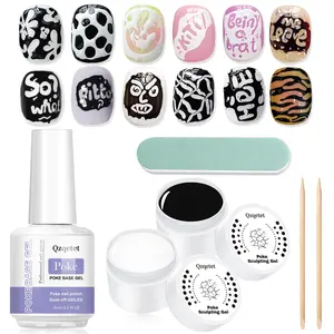 Poke Gel Nail Polish Set with Professional Base Coat- Nail Art Painting Gel for Flowers, Letters & Wave Designs-Lace Drawing Gel with Wooden Nail Stick and Buffer