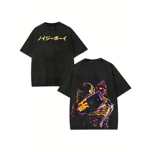 Men's Heavyweight Washed Cotton T-Shirt with Japanese Neon Robot & Y2K Aesthetic Drip Style - Loose Fit Breathable Streetwear Tee for Summer, Casual Outfits, Festivals & Anime Conventions - Japanese Text & Neon Robot Graphic Print