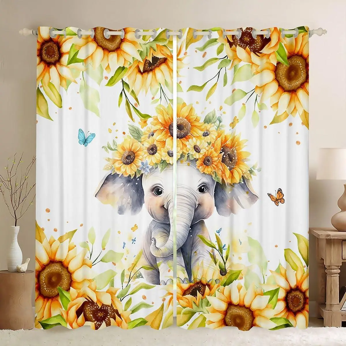 Cute Elephant Curtains for Bedroom Living Room (2 Panels ) Kids Cartoon Animal Blackout Curtains Sunflower Darkening Drapes Farm Flower Floral Print Window Treatments