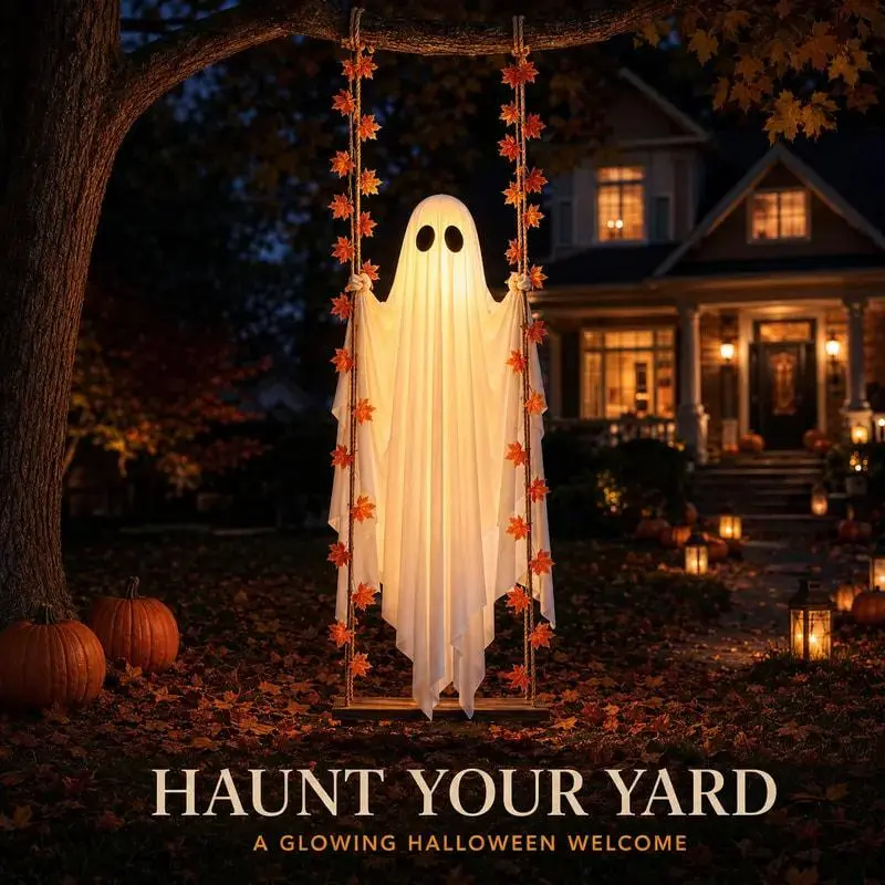 LED Light-Up Swinging Ghost Halloween Decoration with Maple Leaf Garland & Remote Control, Hanging Outdoor Decor for Yd, Porch & Party, Halloween Decorations Outdoor, Party Lighting Decoration