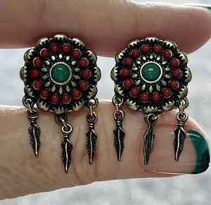 PAIR of Antiqued Red & Turquoise Flower with Feather Dangles Double Flare Steel Tunnels/Plugs - Gauges!