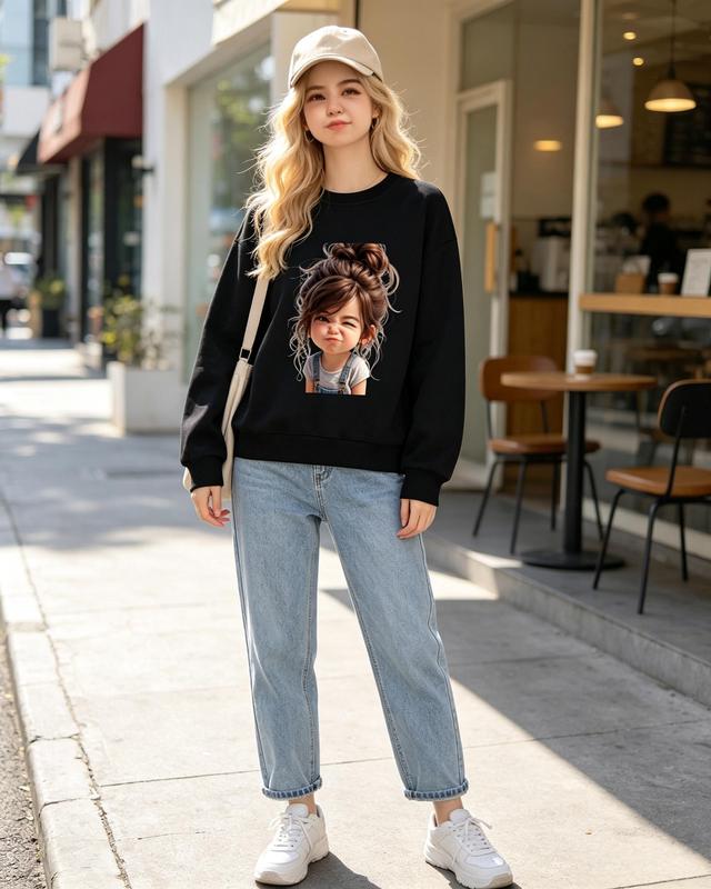 Women's Cotton Crewneck Sweatshirt - Longsleeves, Cute Graphic Character Print, Fall Fitted Casual Comfortable Stylish Pullover Top, Girl-Friendly Style 1-Piece