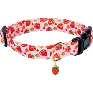 Cute Cotton Dog Collar for Small Medium Large Dogs Special Design Cute Pink Strawberry with Pendant for Girl Female Dogs Soft Adjustable Strawberry Puppy Collars for Girl Female Dogs Pet Collar