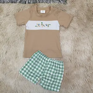 Duck embroidery top gingham shorts kids boys summer clothes set