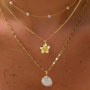 Gold Shell Necklace for Women Boho Summer Layered Choker Necklace Dainty Beach Shell Flower Pearl Pendant Charm Necklace Set Jewelry Gifts