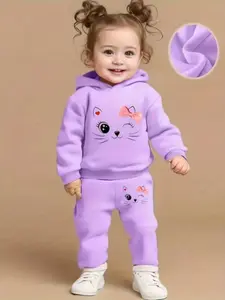 Spring Autumn Baby Girl Cartoon Print Fleece Long Sleeve Sweatshirt and Pants Set, Cute Two-Piece for Infants
