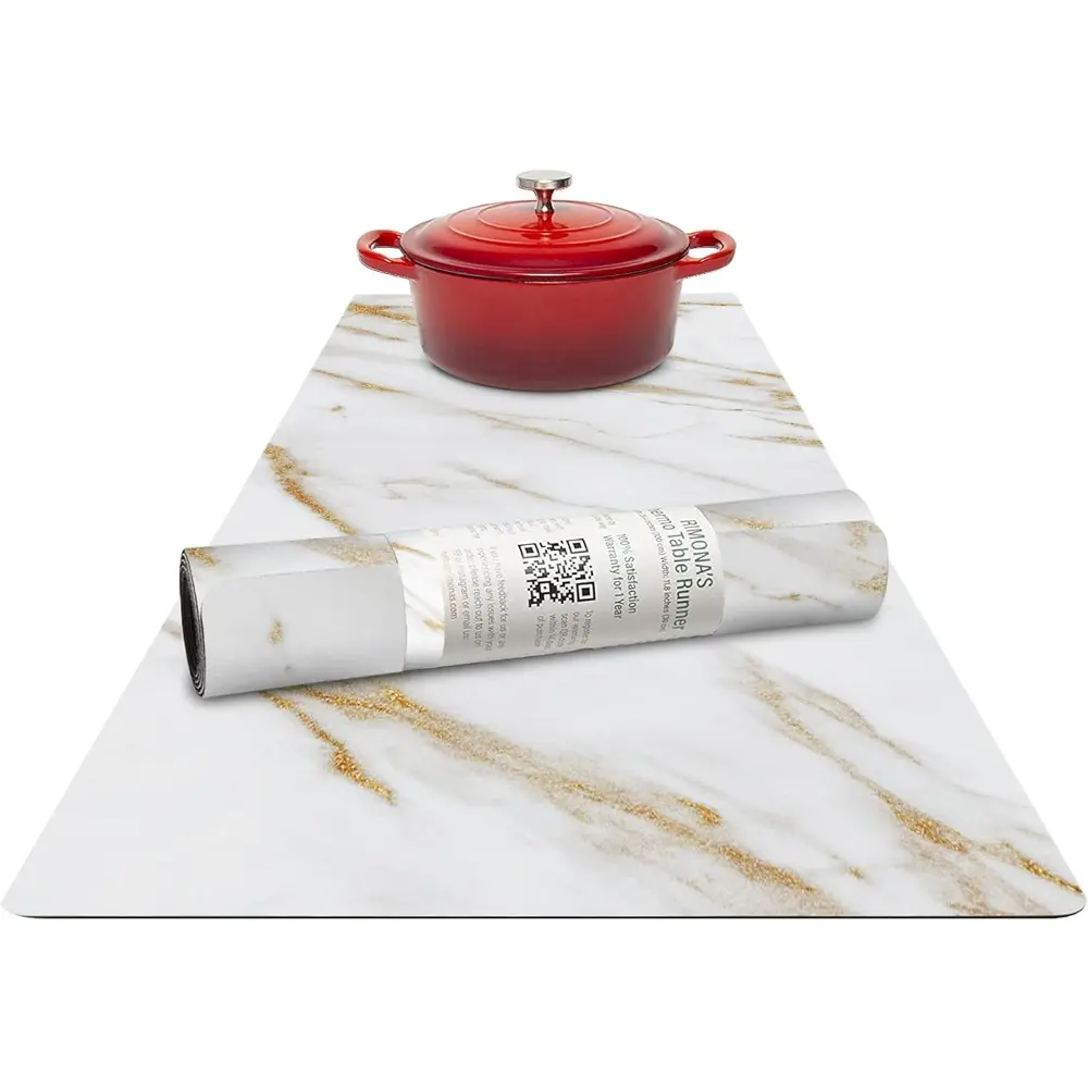 Stylish Heatproof Table Runner & Trivet Set, 350F Waterproof 40-in White Golden Marble Kitchen Tableware Cover - Recycled Rubber, Cut-to-Size for BBQ Grill, Man Cave Hot Dishes/Plates, Table/Countertop