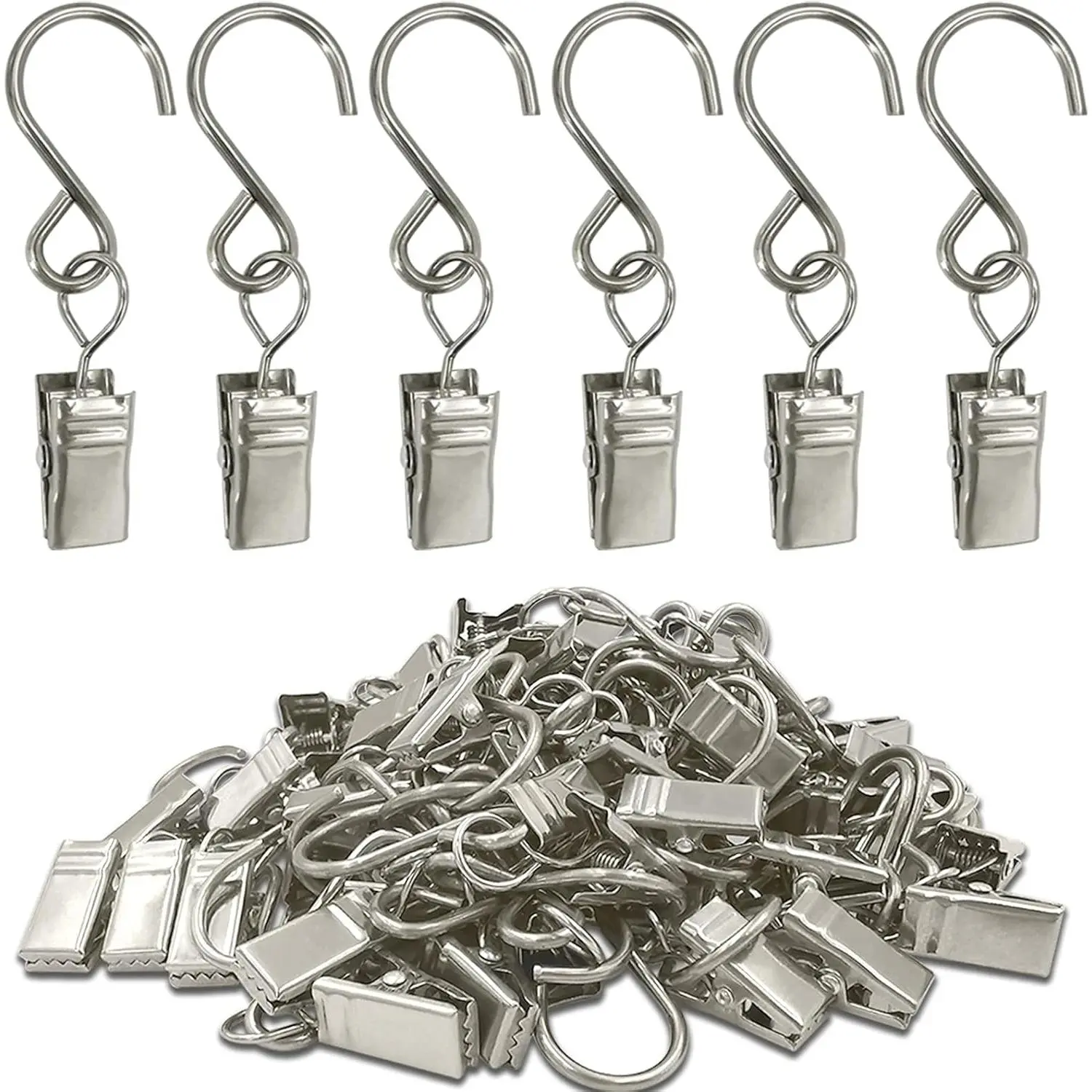 50 Pack Stainless Steel S Hook Curtain Clips, 2.4 Inch Hanging Clip Hooks for Curtains, Photo Display, Party Lights, Arts & Crafts Decoration