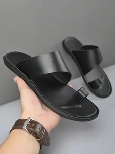 Men's Open-Toe Toe-Ring Sandals, Minimalist Slip-On Design, PU Leather Upper, Lightweight Non-Slip Sole, Comfortable Casual Summer Footwear