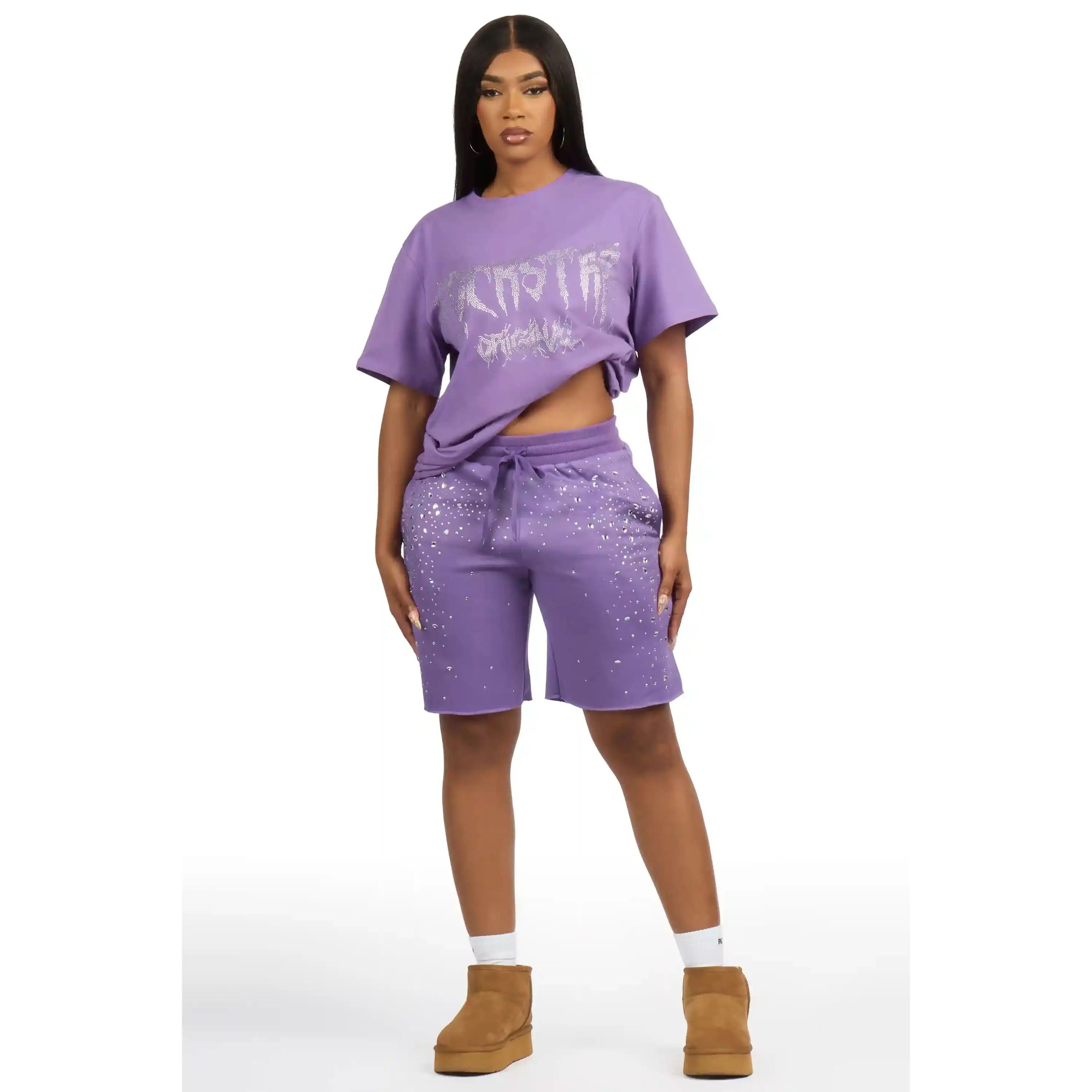 Porsha Purple Rhinestone T-Shirt Short Set