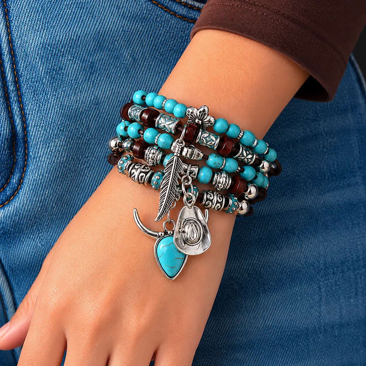 Boho Turquoise Bracelet Leather Beaded Bracelets Western Cowgirl Bracelet Layered Adjustable Bracelets for Women Holiday
