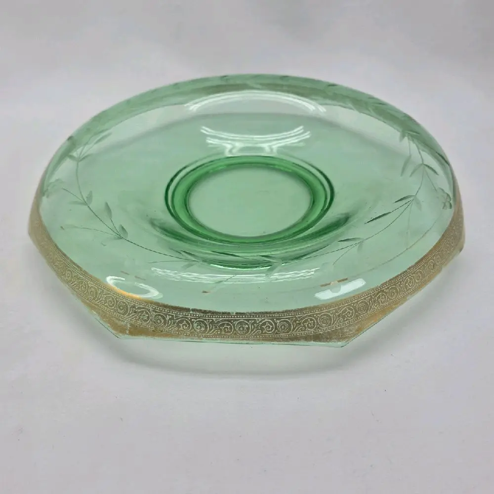 Vintage Uranium Glass Console Bowl – Gold-Encrusted Octagonal Rim & Cut Leaf Motif