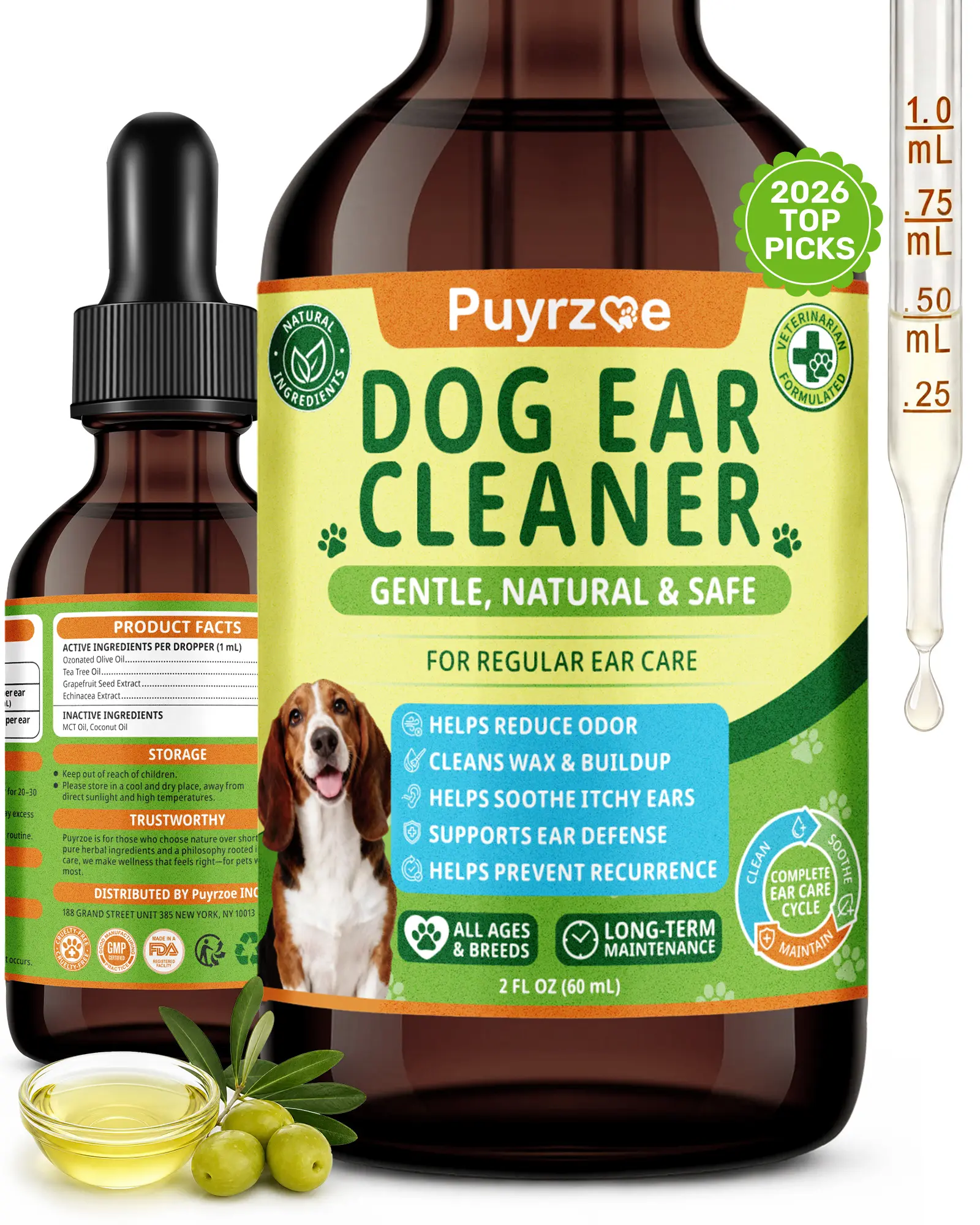 Puyrzoe Dog Ear Cleaner Solution,Dog Ear Drops for Wax & Odour Care,60 ml,Natural Ear Drops for Dogs to Help Remove Wax,Dirt & Odours,Soothe Itchy Ears,Daily Ear Cleaner for Dogs of All Breeds sohochic